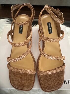 Nine West Emolly3 Brown Raffia Braided Strap Block Heel Sandals